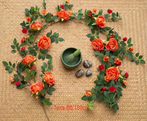 2 PCS 12FT Bendable Flower Garland, Fake Rose Vine for Home Decor, Orange, alternate view 4