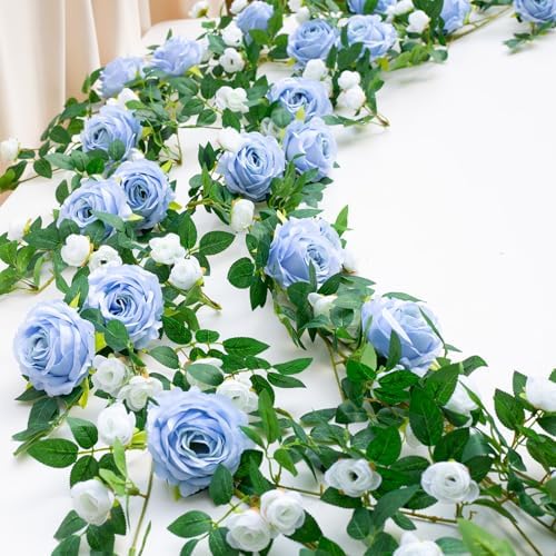 2 PCS 12FT Bendable Flower Garland, Fake Rose Vine for Wedding Decor, Blue in Blue