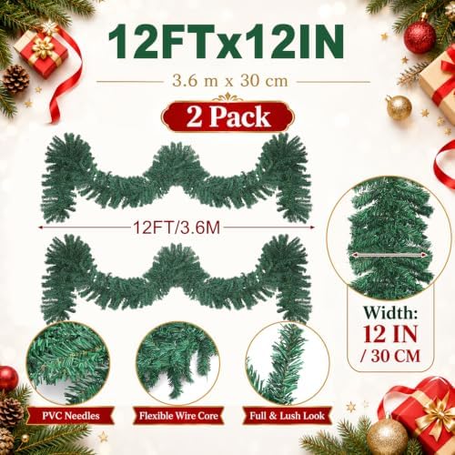 2 Pcs 12ft Thick Christmas Alaskan Pine Christmas Garland Greenery in Green, alternate view 2