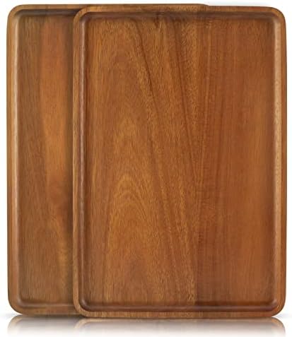 2 PCS 13 x 9 in Solid Acacia Wood Serving Trays Rectangular Wooden Serving Platters Natural Wooden Boards for
