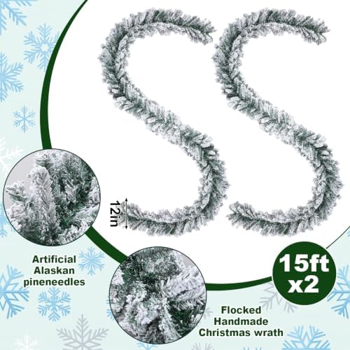 2 Pcs 15ft Thick Christmas Alaskan Christmas Garland Flocked in White, alternate view 2