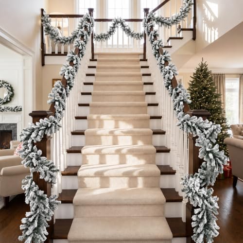 2 Pcs 15ft Thick Christmas Alaskan Christmas Garland Flocked in White, alternate view 3