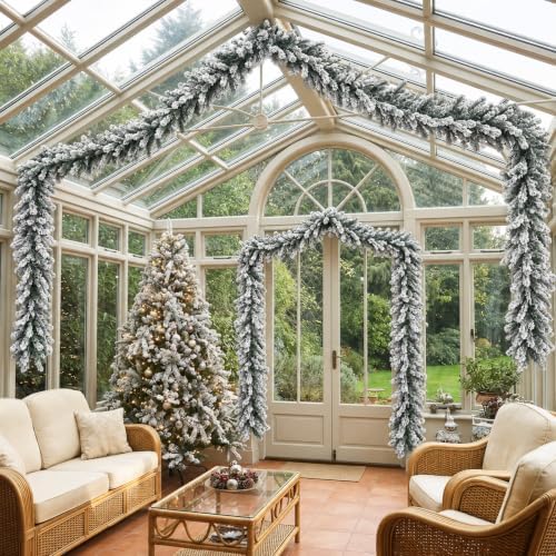2 Pcs 15ft Thick Christmas Alaskan Christmas Garland Flocked in White, alternate view 6