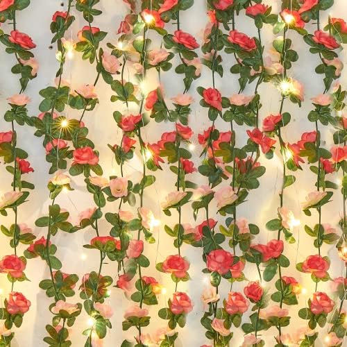 2 Pcs 16.5Ft Flower Garland with Lights, Pink Floral Garland Rose Vines in Pink-ld