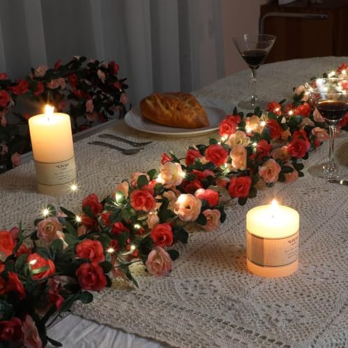2 Pcs 16.5Ft Flower Garland with Lights, Pink Floral Garland Rose Vines in Pink-ld, alternate view 2