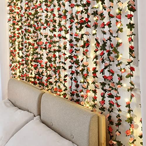 2 Pcs 16.5Ft Flower Garland with Lights, Pink Floral Garland Rose Vines in Pink-ld, alternate view 4