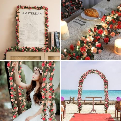 2 Pcs 16.5Ft Flower Garland with Lights, Pink Floral Garland Rose Vines in Pink-ld, alternate view 6