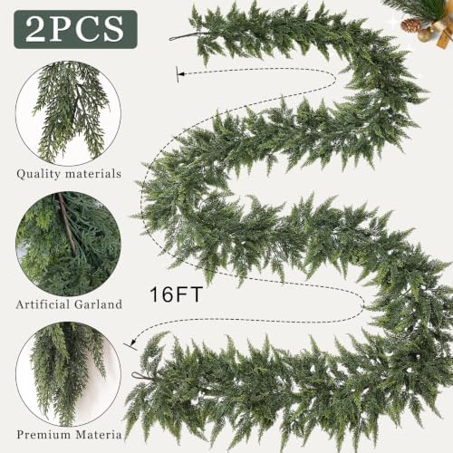2 Pcs 16 FT Artificial Christmas Cedar Garland for Stairs Home Decoration, alternate view 5