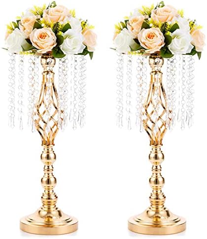 2 Pcs 19.3 inches Gold Tall Crystal Flower Stand and Holders Centerpiece Chandelier Metal Vase for Wedding