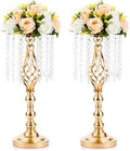 2 Pcs 19.3 inches Gold Tall Crystal Flower Stand and Holders Centerpiece Chandelier Metal Vase for Wedding