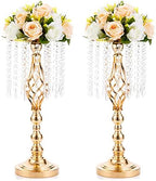 2 Pcs 19.3 inches Gold Tall Crystal Flower Stand and Holders Centerpiece Chandelier Metal Vase for Wedding