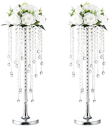 2 Pcs 21.65 inches Crystal Flower Stand Wedding Centerpieces for Tables, Tabletop Gold Metal Flower Arrangement