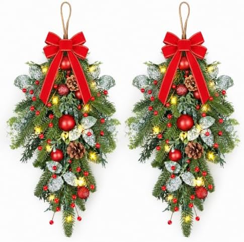 2 PCS 24" Artificial Christmas Teardrop Swag Norfolk Pine Teardrop Door Swag Xmas Cedar Swags Wreath with Berry