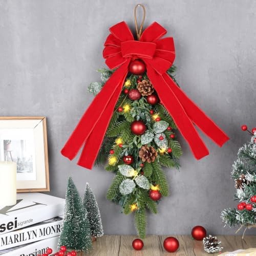 2 PCS 24" Artificial Christmas Teardrop Swag Norfolk Pine Teardrop Door Swag Xmas Cedar Swags Wreath with Berry, alternate