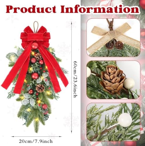 2 PCS 24" Artificial Christmas Teardrop Swag Norfolk Pine Teardrop Door Swag Xmas Cedar Swags Wreath with Berry, alternate