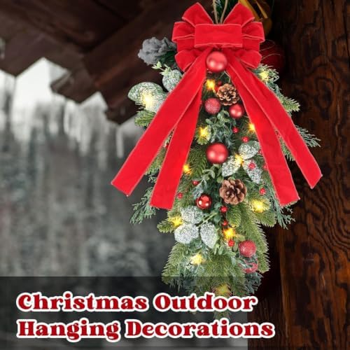 2 PCS 24" Artificial Christmas Teardrop Swag Norfolk Pine Teardrop Door Swag Xmas Cedar Swags Wreath with Berry, alternate