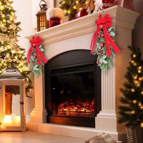 2 PCS 24" Artificial Christmas Teardrop Swag Norfolk Pine Teardrop Door Swag Xmas Cedar Swags Wreath with Berry, alternate