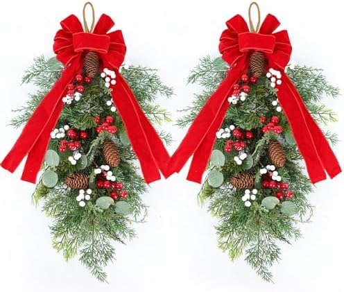 2 PCS 24" Artificial Christmas Teardrop Swag Pine Needles Teardrop Door Swag Christmas Norfolk Teardrop Wreath