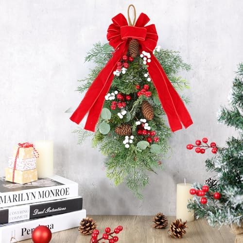2 PCS 24" Artificial Christmas Teardrop Swag Pine Needles Teardrop Door Swag Christmas Norfolk Teardrop Wreath, alternate