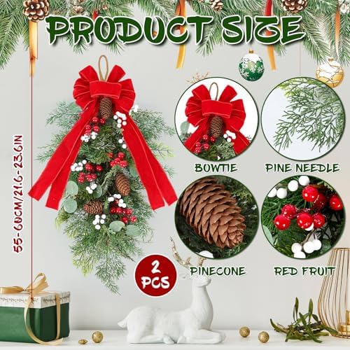 2 PCS 24" Artificial Christmas Teardrop Swag Pine Needles Teardrop Door Swag Christmas Norfolk Teardrop Wreath, alternate