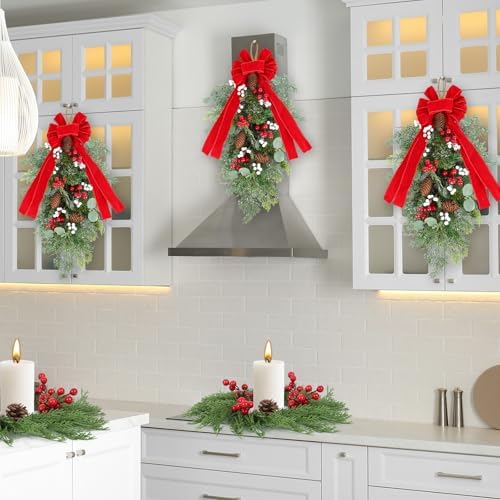 2 PCS 24" Artificial Christmas Teardrop Swag Pine Needles Teardrop Door Swag Christmas Norfolk Teardrop Wreath, alternate