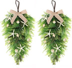 2 Pcs 24"Coastal Teardrop Swag Beach Seashell Starfish Wreath with Green Leaves for Front Door Wedding Farmhouse