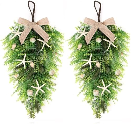 2 Pcs 24"Coastal Teardrop Swag Beach Seashell Starfish Wreath with Green Leaves for Front Door Wedding Farmhouse