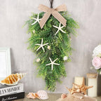 2 Pcs 24"Coastal Teardrop Swag Beach Seashell Starfish Wreath with Green Leaves for Front Door Wedding Farmhouse, alternate