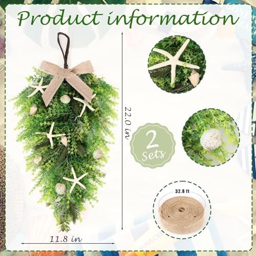 2 Pcs 24"Coastal Teardrop Swag Beach Seashell Starfish Wreath with Green Leaves for Front Door Wedding Farmhouse, alternate