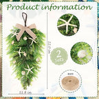 2 Pcs 24"Coastal Teardrop Swag Beach Seashell Starfish Wreath with Green Leaves for Front Door Wedding Farmhouse, alternate
