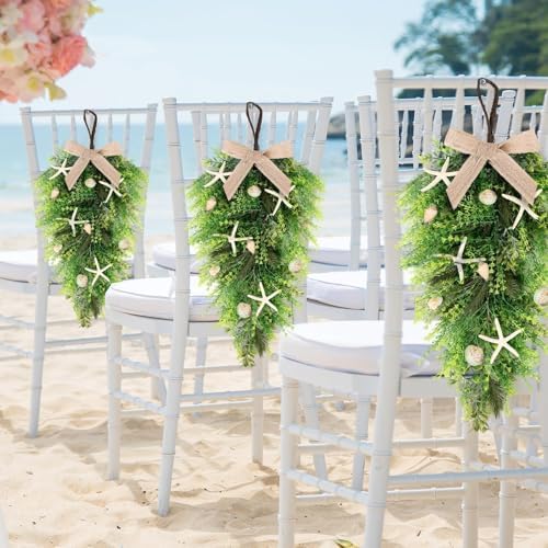 2 Pcs 24"Coastal Teardrop Swag Beach Seashell Starfish Wreath with Green Leaves for Front Door Wedding Farmhouse, alternate