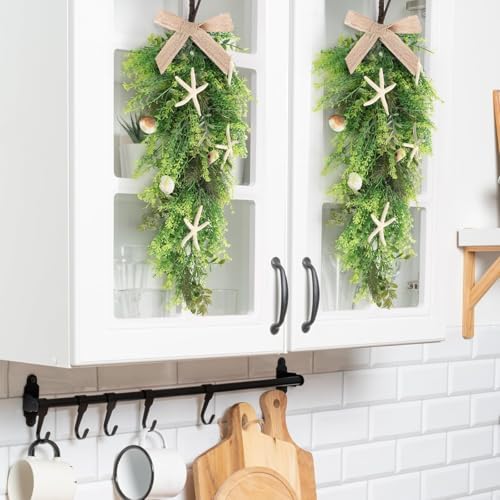 2 Pcs 24"Coastal Teardrop Swag Beach Seashell Starfish Wreath with Green Leaves for Front Door Wedding Farmhouse, alternate