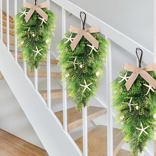 2 Pcs 24"Coastal Teardrop Swag Beach Seashell Starfish Wreath with Green Leaves for Front Door Wedding Farmhouse, alternate