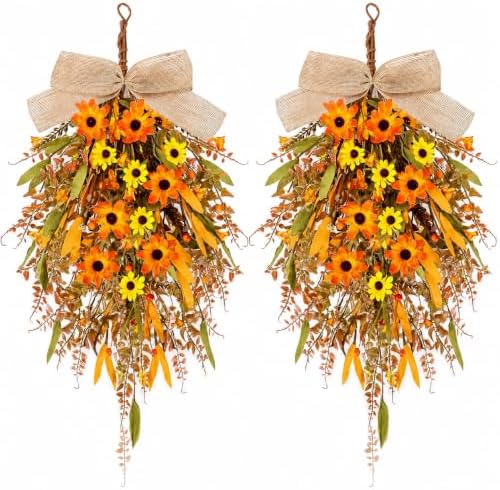 2 Pcs 24 inch Artificial Fall Swag Autumn Floral Teardrop Swags for Front Door Farmhouse Kitchen Cabinet Wreaths