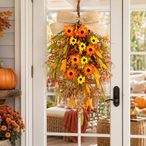 2 Pcs 24 inch Artificial Fall Swag Autumn Floral Teardrop Swags for Front Door Farmhouse Kitchen Cabinet Wreaths, alternate