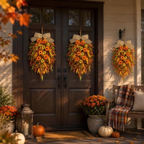 2 Pcs 24 inch Artificial Fall Swag Autumn Floral Teardrop Swags for Front Door Farmhouse Kitchen Cabinet Wreaths, alternate