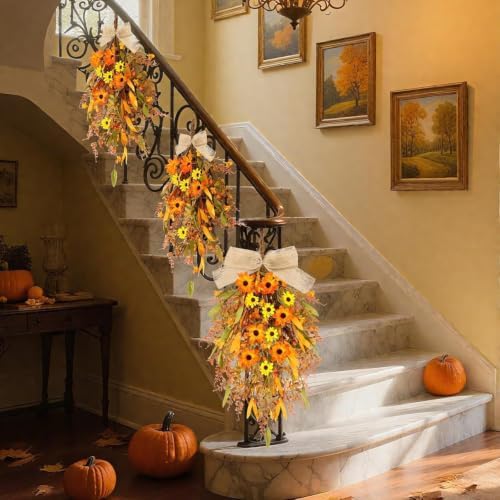2 Pcs 24 inch Artificial Fall Swag Autumn Floral Teardrop Swags for Front Door Farmhouse Kitchen Cabinet Wreaths, alternate