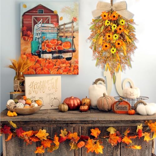 2 Pcs 24 inch Artificial Fall Swag Autumn Floral Teardrop Swags for Front Door Farmhouse Kitchen Cabinet Wreaths, alternate