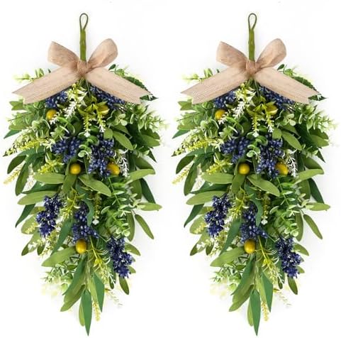 2 PCS 24'' Spring Summer Swags for Front Door Artificial Eucalyptus Olive Boxwood Leaves Teardrop Swags Greenery