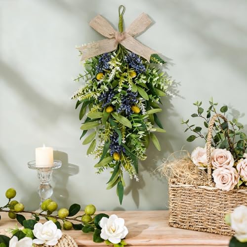 2 PCS 24'' Spring Summer Swags for Front Door Artificial Eucalyptus Olive Boxwood Leaves Teardrop Swags Greenery, alternate