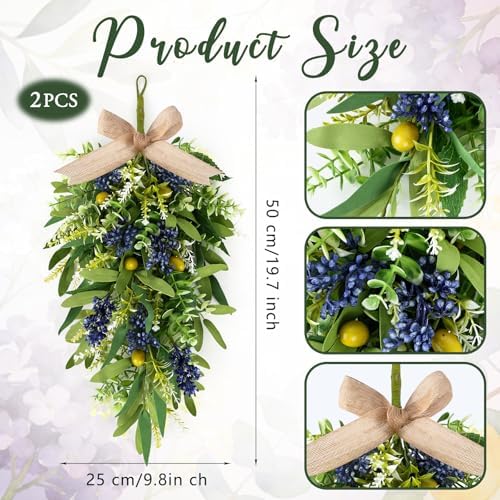 2 PCS 24'' Spring Summer Swags for Front Door Artificial Eucalyptus Olive Boxwood Leaves Teardrop Swags Greenery, alternate