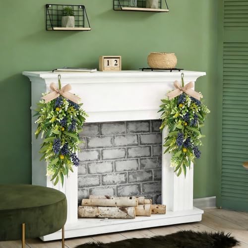 2 PCS 24'' Spring Summer Swags for Front Door Artificial Eucalyptus Olive Boxwood Leaves Teardrop Swags Greenery, alternate