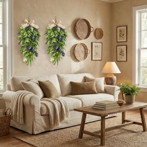 2 PCS 24'' Spring Summer Swags for Front Door Artificial Eucalyptus Olive Boxwood Leaves Teardrop Swags Greenery, alternate