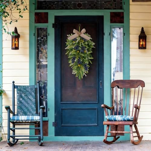 2 PCS 24'' Spring Summer Swags for Front Door Artificial Eucalyptus Olive Boxwood Leaves Teardrop Swags Greenery, alternate
