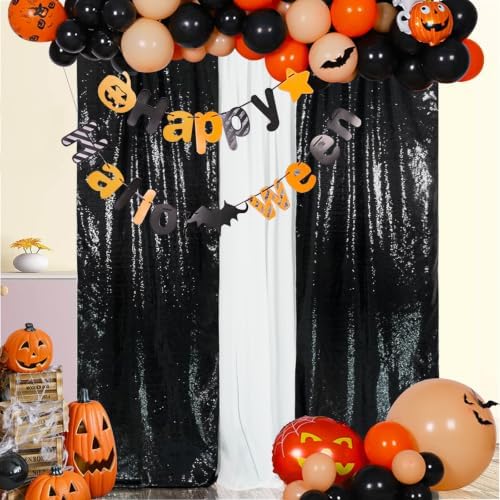 2 PCS 2x8ft Black Sequin Curtain Glitter Background for Halloween in 2FT x 8FT (2 Panels) in Black
