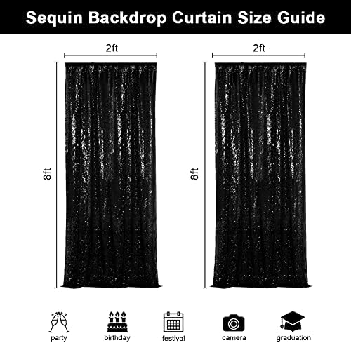 2 PCS 2x8ft Black Sequin Curtain Glitter Background for Halloween in 2FT x 8FT (2 Panels) in Black, alternate view 6