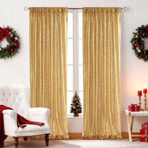 2 PCS 2x8ft Gold Sequin Backdrop Curtains Shimmer Background in 2FT x 8FT (2 Panels) in Gold, alternate view 2