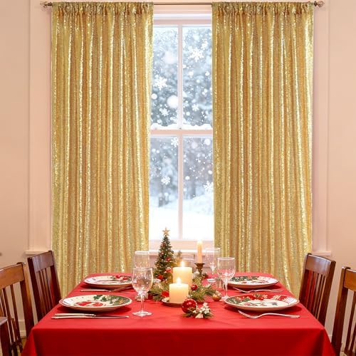 2 PCS 2x8ft Gold Sequin Backdrop Curtains Shimmer Background in 2FT x 8FT (2 Panels) in Gold, alternate view 3