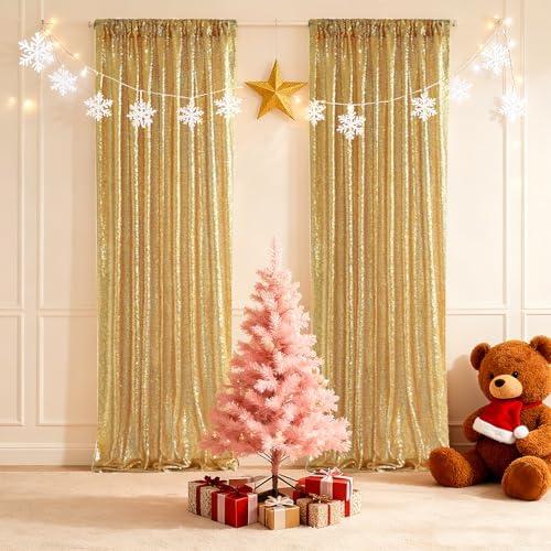 2 PCS 2x8ft Gold Sequin Backdrop Curtains Shimmer Background in 2FT x 8FT (2 Panels) in Gold, alternate view 7