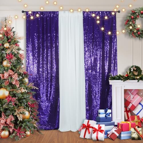 2 PCS 2x8ft Purple Sequin Backdrop Curtains Shimmer Background in 2FT x 8FT (2 Panels) in Purple, alternate view 2